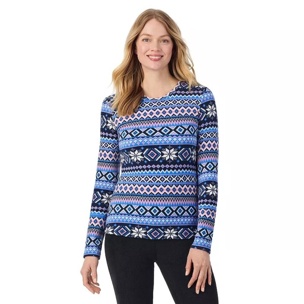 #1504 Cuddl Duds Womens Fleecewear Crew Neck Long Sleeve Thermal Shirt, Blue